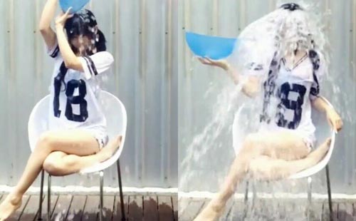 Japanese girl does the ALS Ice Bucket Challenge outside